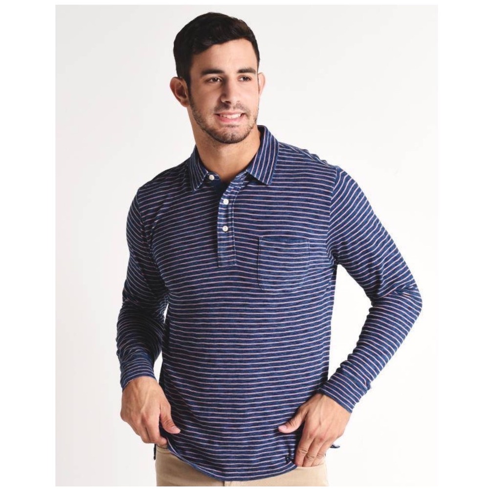 Faherty Brand Mens‎ Indigo Long Sleeve Polo Striped 100% Cotton Blue Pink Size M